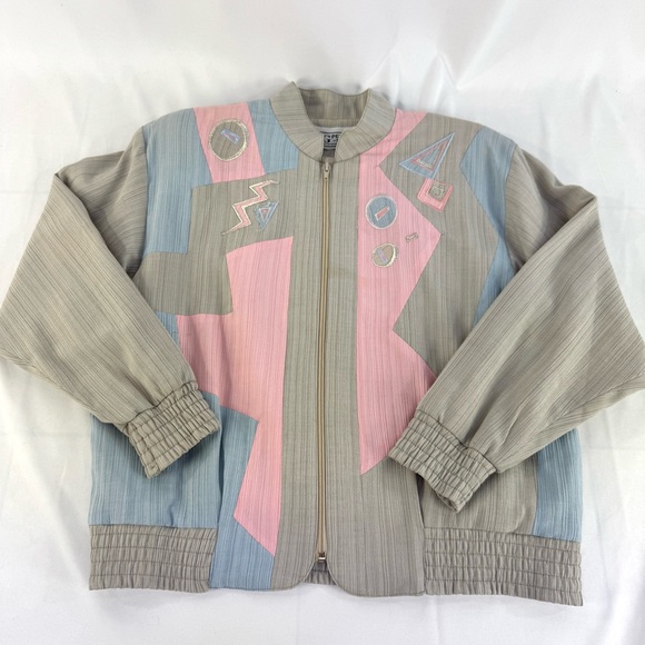 Vintage Joyce Petite 1980s pink, blue and beige zippered geometric top medium - Picture 2 of 16